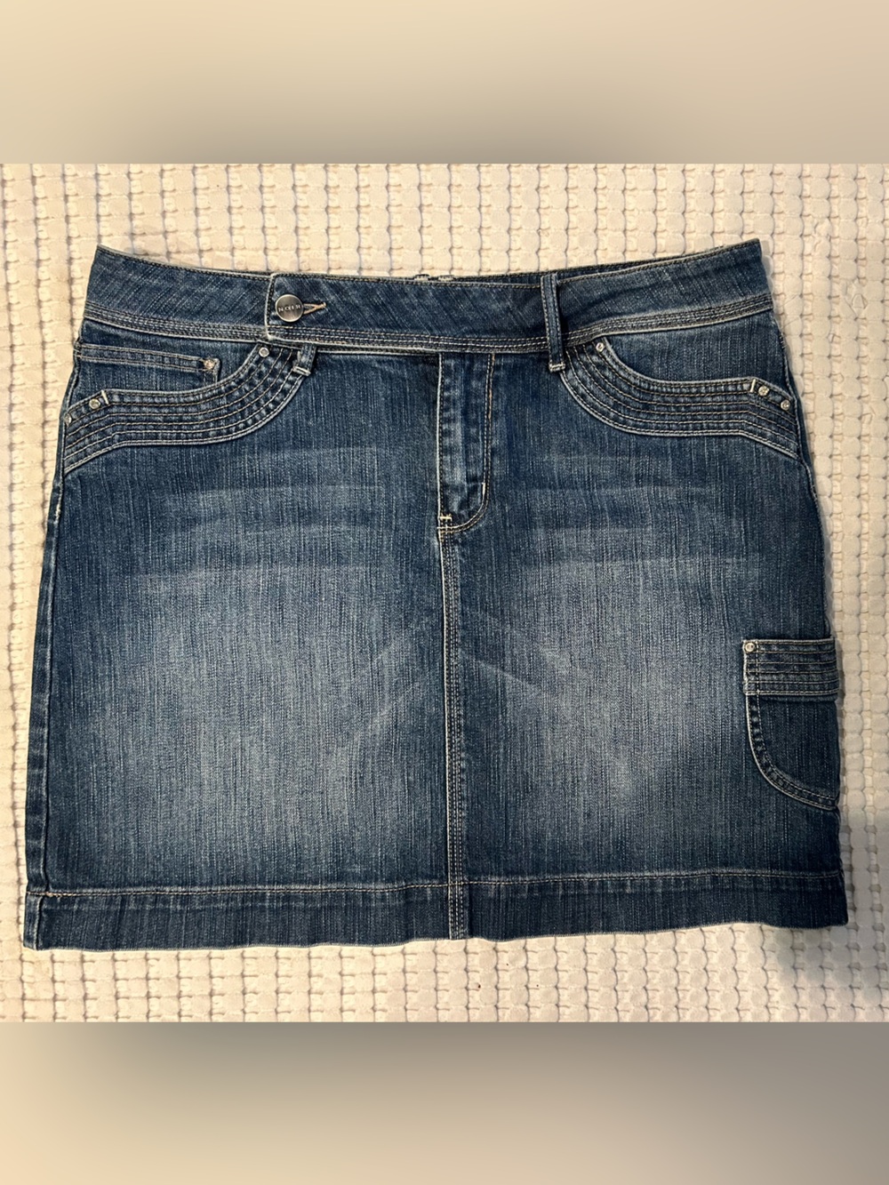 Noir Dark Blue Denim Skirt with Rhinestone & Embroidery Accents